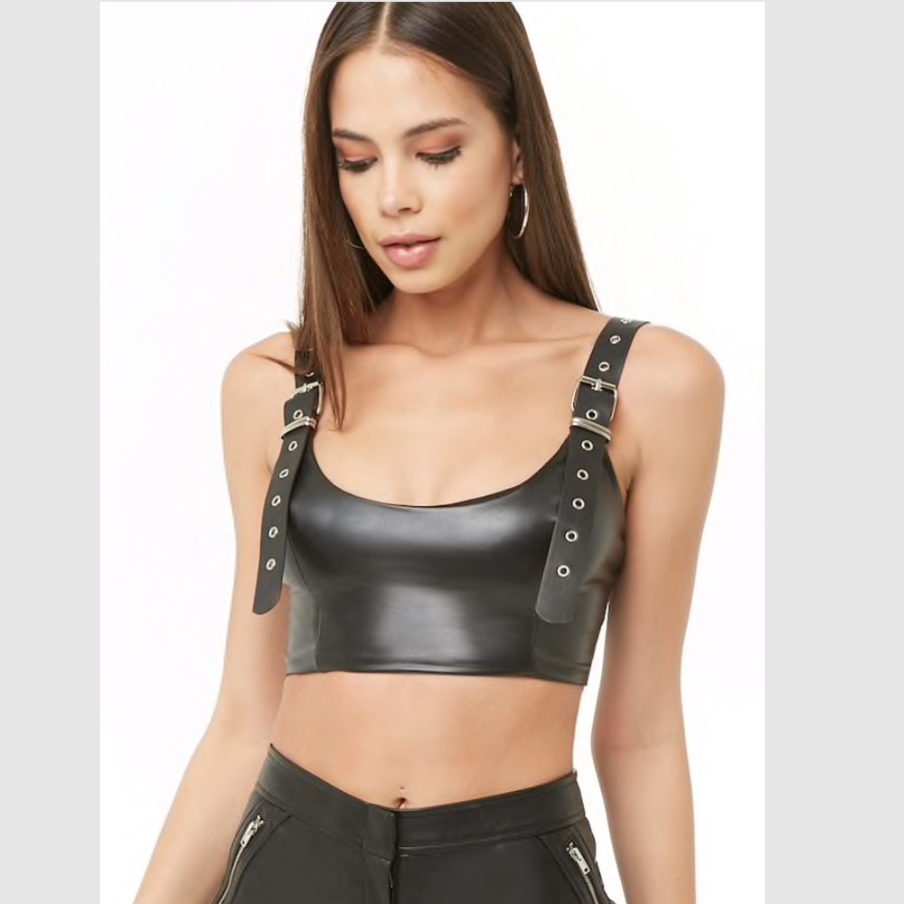 NWT Buckle strap faux leather crop top